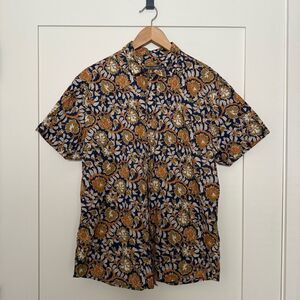 Slate & Stone Shirt Mens Large Blue Orange Floral Leaf Button Up Short Sleeve